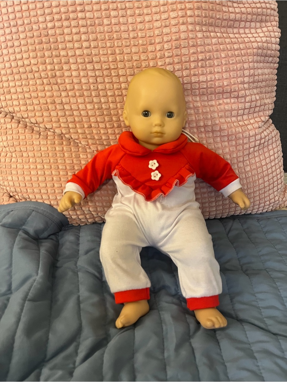 Red and White Baby Doll in Plush Outfit - American girl bitty baby